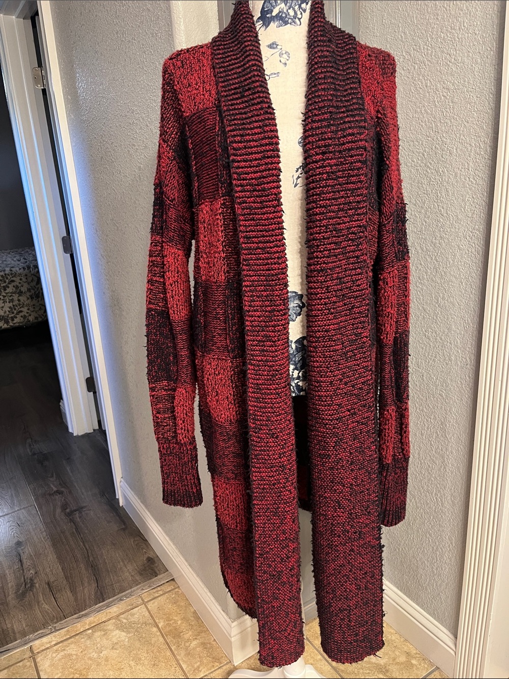 Lucky Brand Red and Black Chunky Checked Open-Front Cardigan